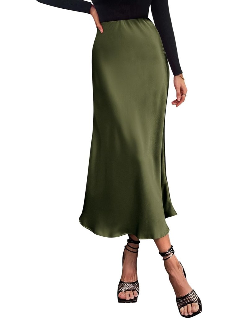 Women's Light Army Green Polyester Elastane High Waist Lightweight A-Line Skirt